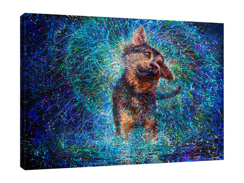 Iris-Scott,Modern & Contemporary,Traditional,Animals,finger paint,surreal,splatter,shaking,dog,wet dog,shepherd,blue,green,night,canine,Red,Charcoal Gray,Sea Green,Gray,Black