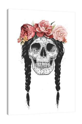 Balazs-Solti,Modern & Contemporary,People,Floral & Botanical,skull,skulls,bones,bone,hair,braids,braid,florals,floral,flower,flowers,leaves,leaf,Red,Mist Gray,Blue,Ivory White,Gray