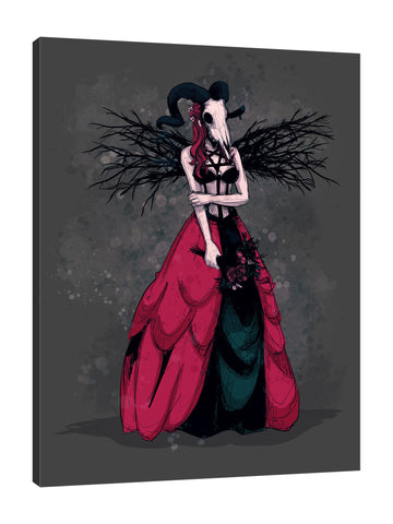 Ludwig-Van-Bacon,Vertical,3X4,Modern & Contemporary,Fantasy & Sci-Fi,Entertainment,People,Floral & Botanical,woman,lady,here comes,here come,mask,masks,horns,horn,wings,wing,gown,gowns,florals,floral,flowers,flower,dark,Blue,Black,Charcoal Gray,Purple,Sea Green,Red,Gray,White