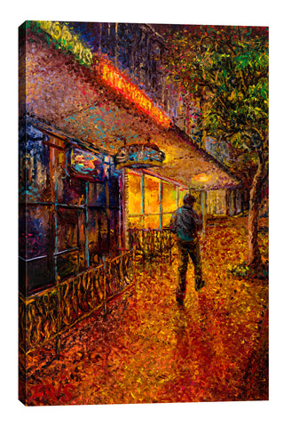 Iris-Scott,Modern & Contemporary,Buildings & Cityscapes,man,jacket,trees,lights,buildings,stores,tree,